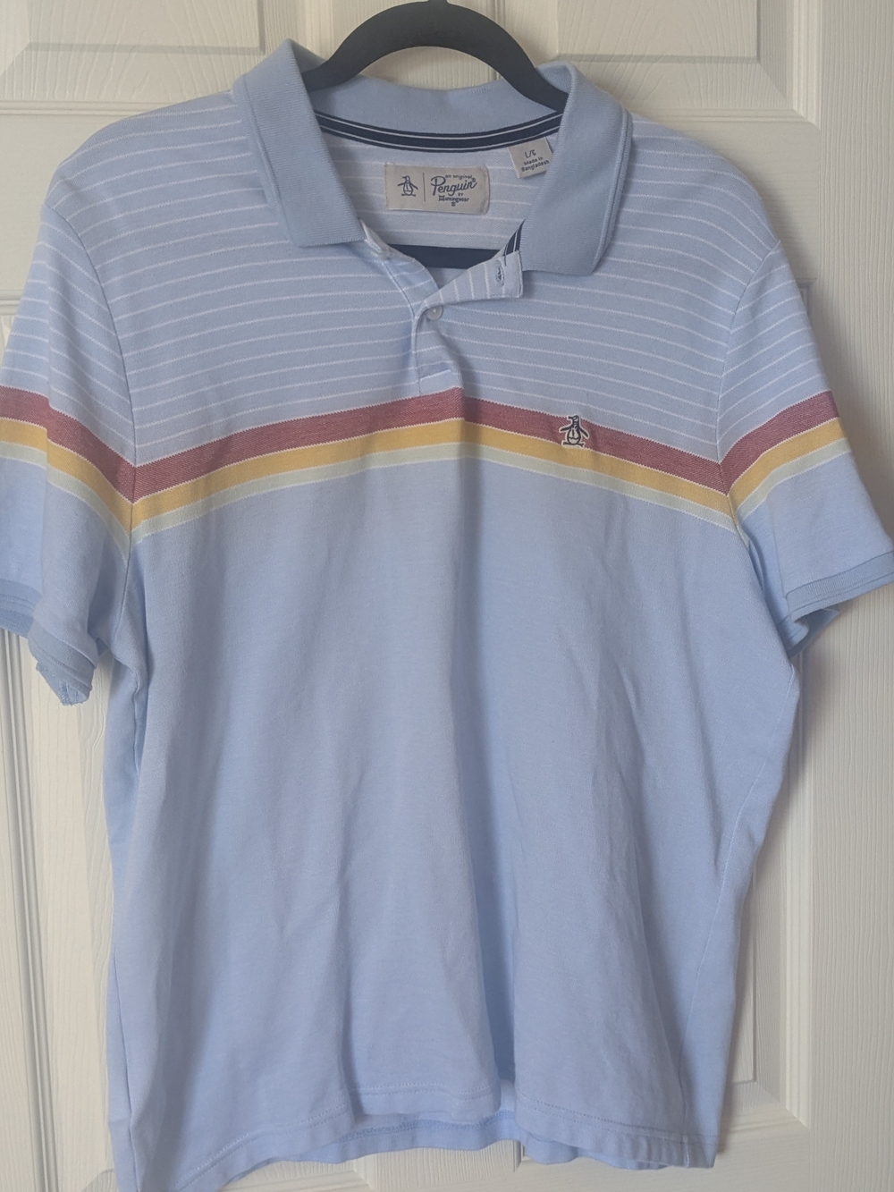 Original Penguin by Munsingwear Light Blue Striped Polo Shirt Men's Large Retro